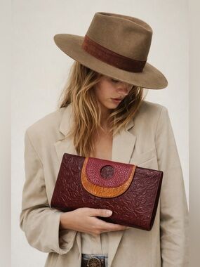 Tooled Leather Clutch | Embossed Floral | Burgundy Multi | Genuine Leather